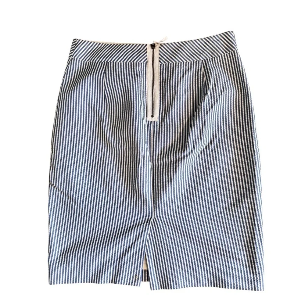 J.Crew Black Label The Pencil Skirt Sz 2 Seersucker Blue White Cotton Knee